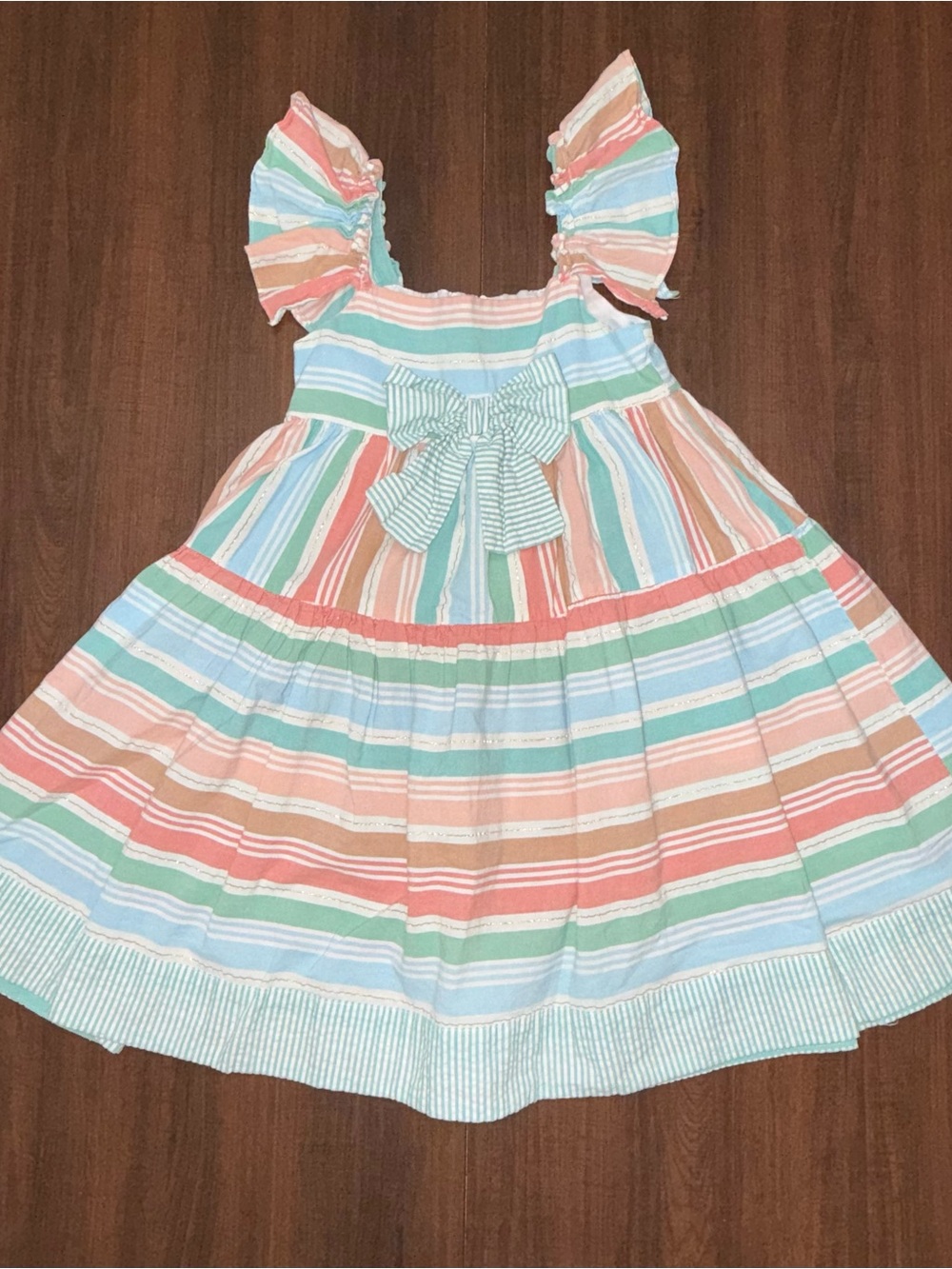 Girls Striped Bow Dress- Pastel Multi